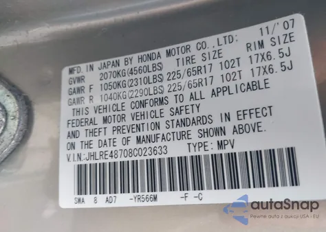 2008 Honda Cr-V Ex-L from USA, damaged, VIN JHLRE48708C023633